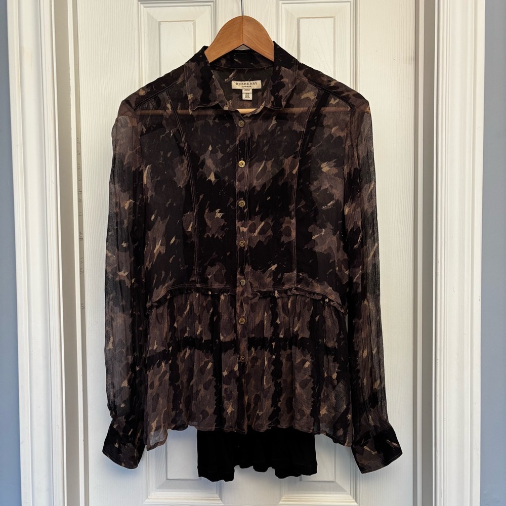 Burberry Sheer Black and Brown Button-Up Blouse with black tank - Size 8